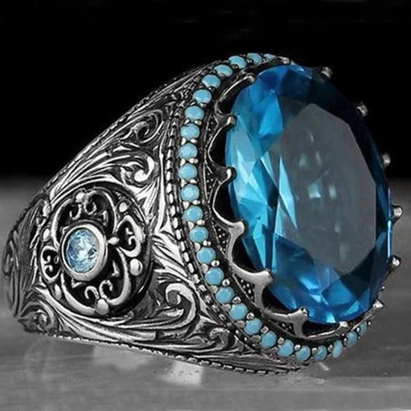 

Silver Plated Craftsman Inlay Large Navy Cubic Zircon Stone Finger Ring Metal Ring For Women Men Exaggerated Anniversary Gift