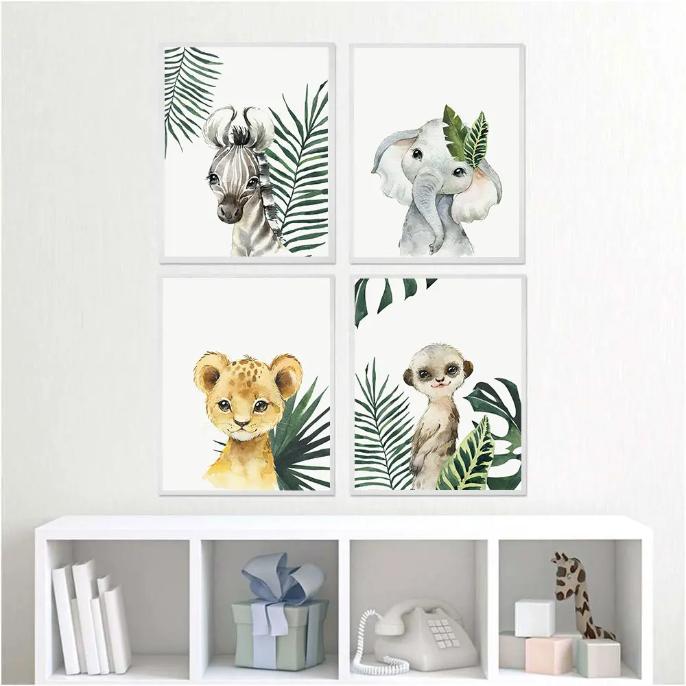 Постеры и принты в скандинавском стиле с жирафом слоном львом джунглями зелеными