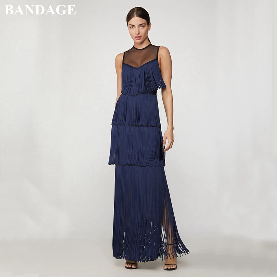 Бандажное зимнее темно синий цвет без рукавов бахрома облегающее платье с