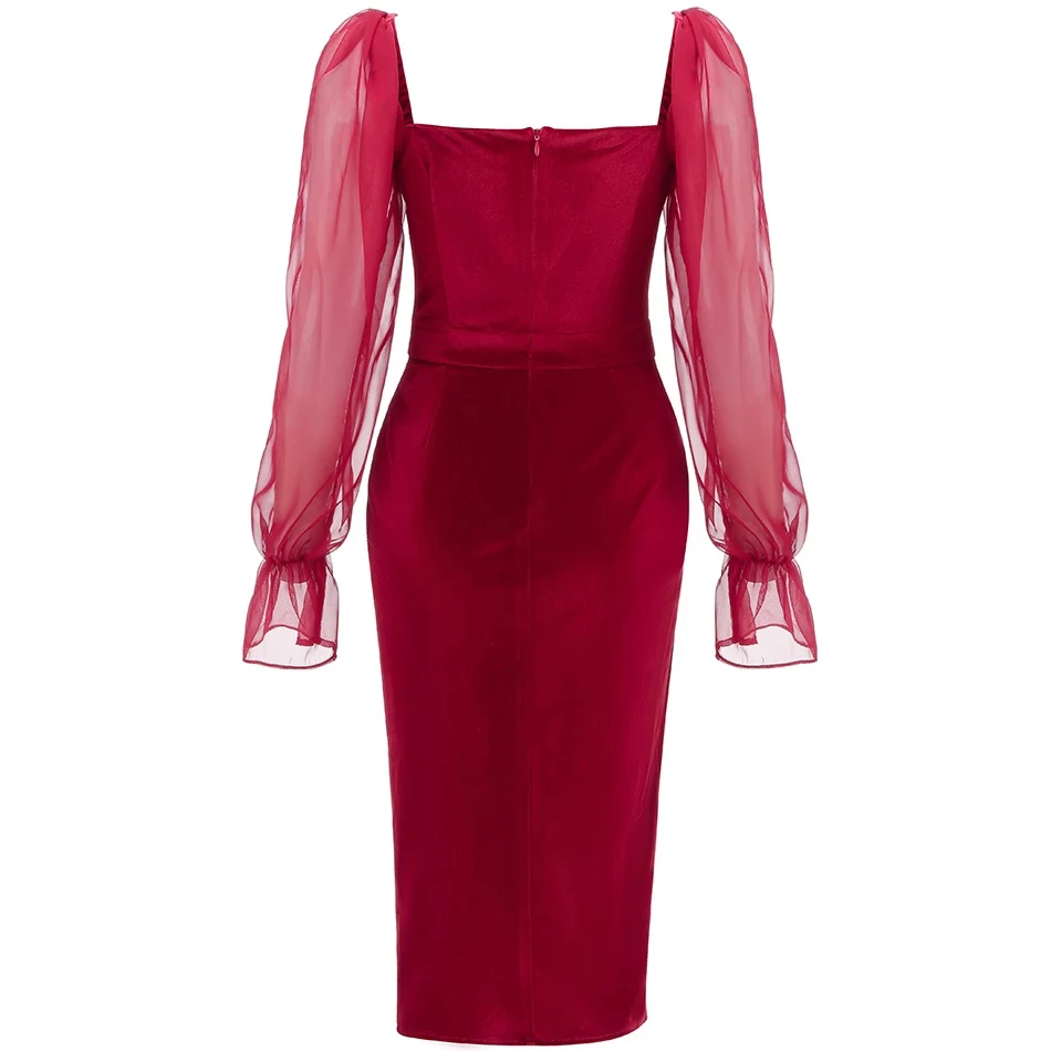 

Sladuo 2021 New Summer Women Red Lace Fashion Midi Dress Sexy Long Sleeve Velvet Club Celebrity Evening Runway Party Lady Dress