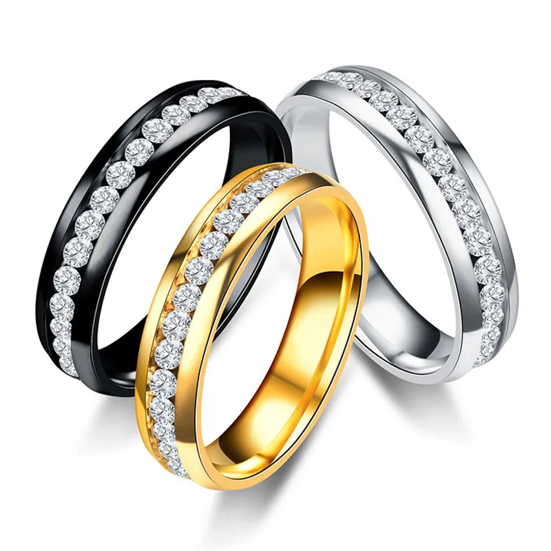 

Fashion Black Gold 6 mm Width Crystal 316L Stainless Steel Ring For Women Jewelry Drop Shipping Valentine's Day Gift