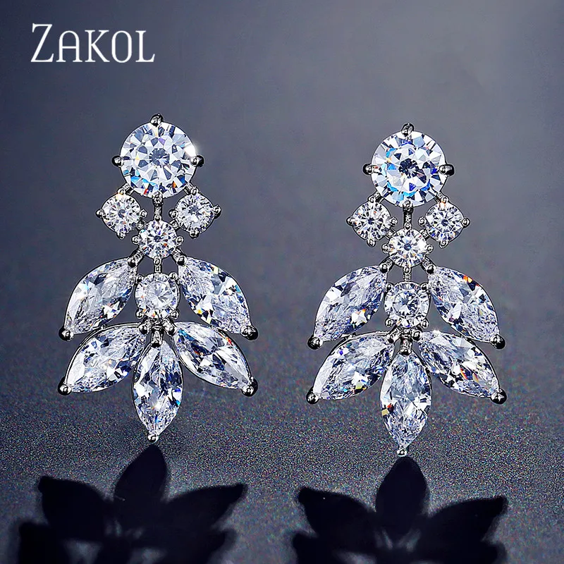 ZAKOL, элегантные серьги с кубическим цирконием, цветами, листьями, свадебные ювелирные изделия, для женщин, для свадьбы, ужина, вечерние, ужина, подарок на день рождения, FSEP2240