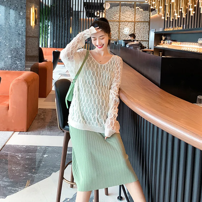 7912 # осеннее платье элегантные трикотажные пуловеры + слинг костюмы Одежда для