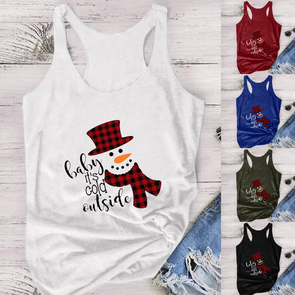 2020 женские футболки с рождественским принтом снеговика без рукавов на бретелях