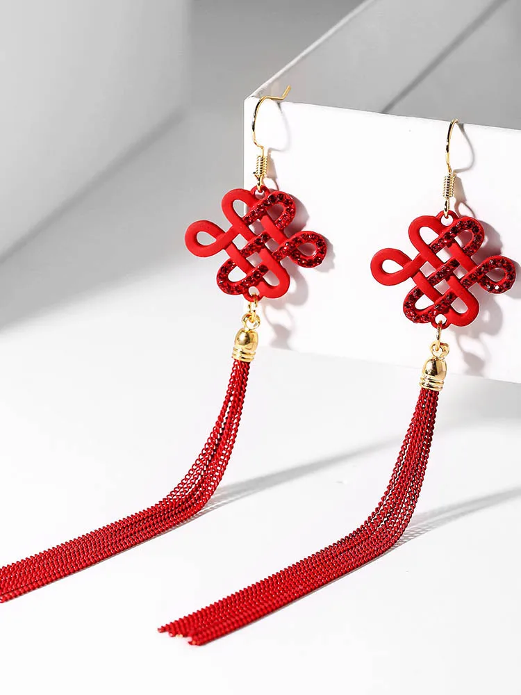 Женские серьги с узлом Happy Knot красные в китайском этническом стиле праздничная