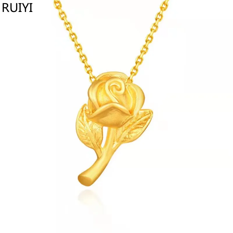 

RUIYI Real 24K 999 Yellow Gold Rose Flower Pendant Necklace Pure 18K Gold AU750 Chain for Women Fine Jewelry Wedding Gift