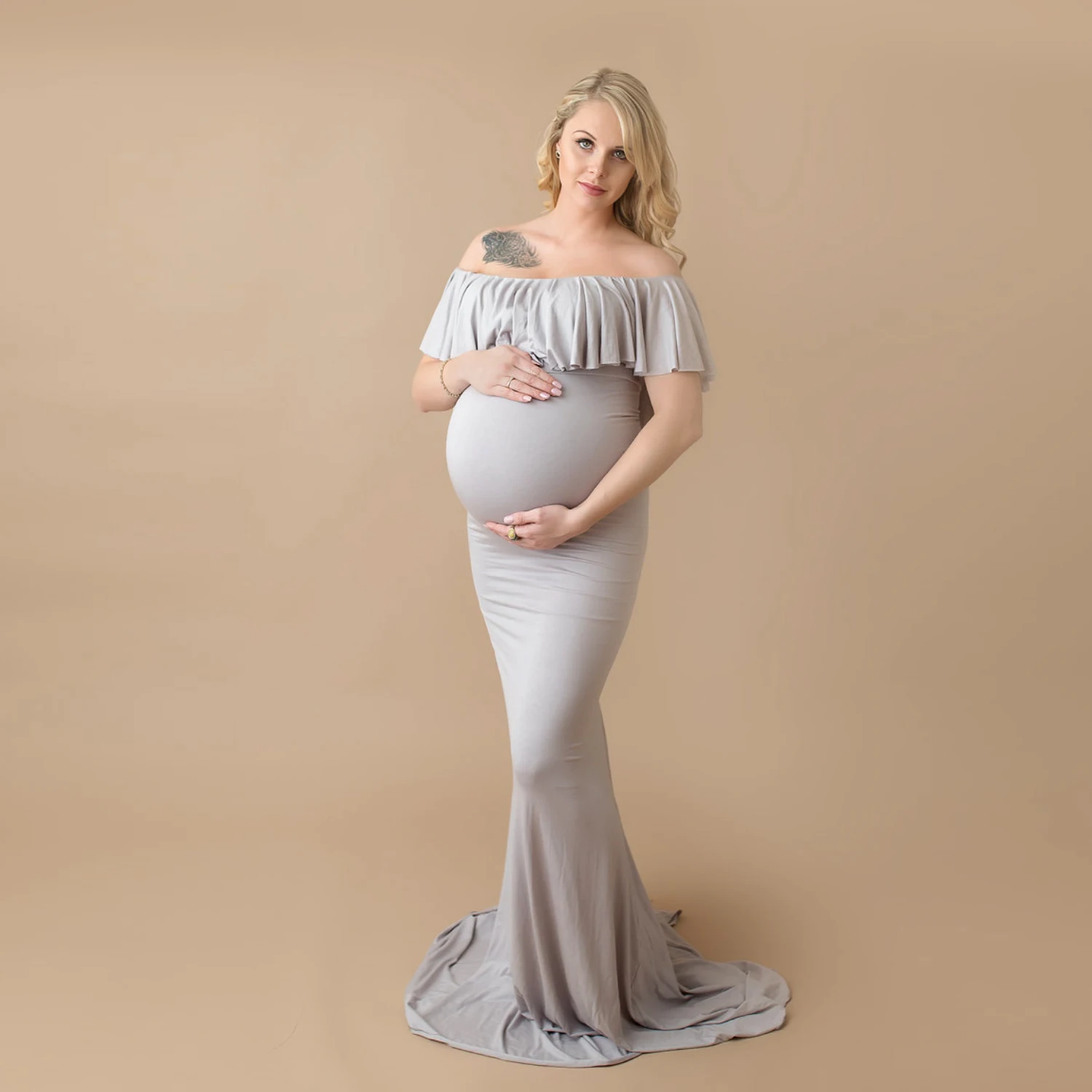 

Maternity Dresses for Photo Shoot Pregnancy Baby Shower Sweet Lovely Lotus Leaf Mercerized Cotton Skirt In Summer Solid Color