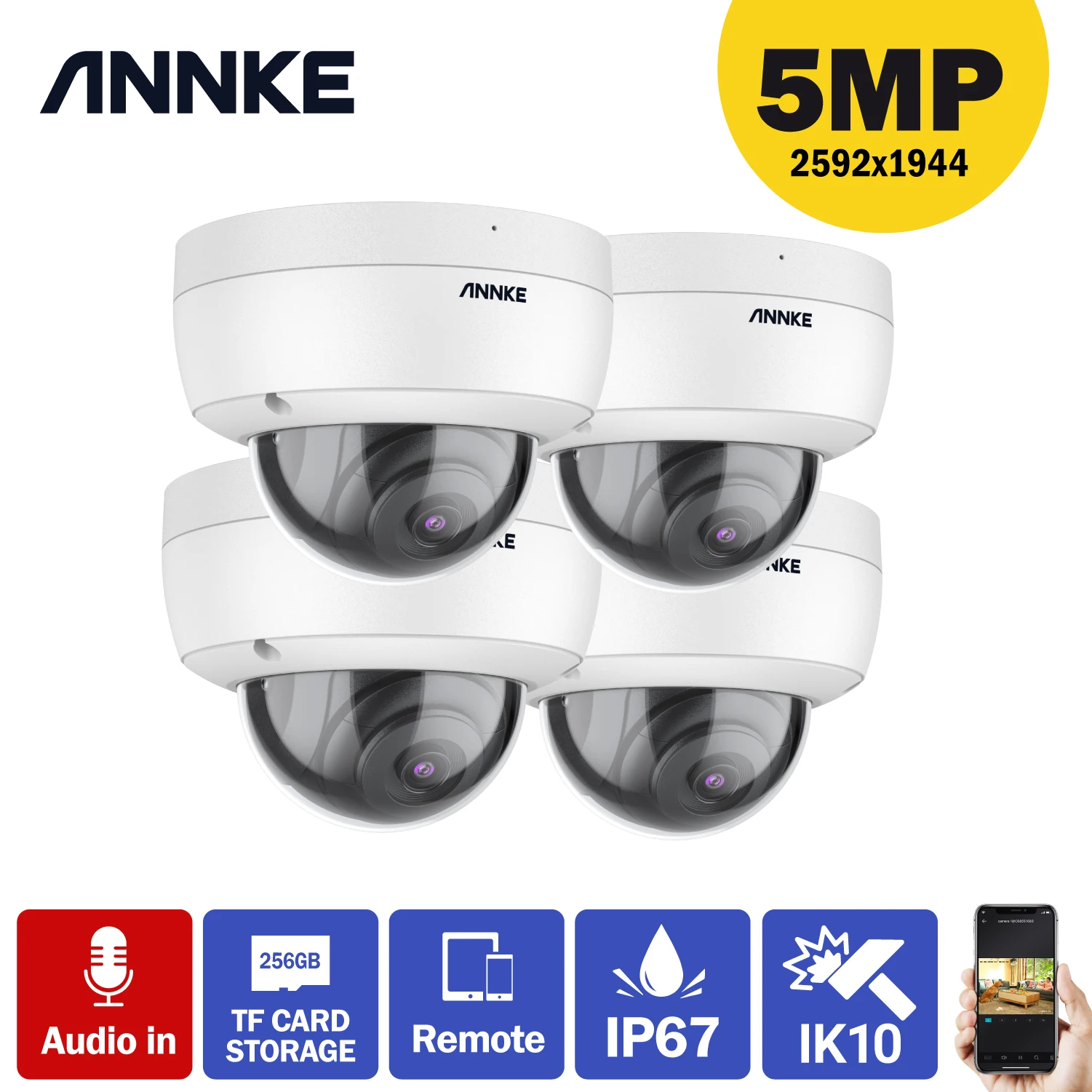 ANNKE 4PCS C500 Dome 5MP Outdoor IK10 Vandal-Proof POE Security Cameras With Audio in POE Surveillance Cameras TF Card Support