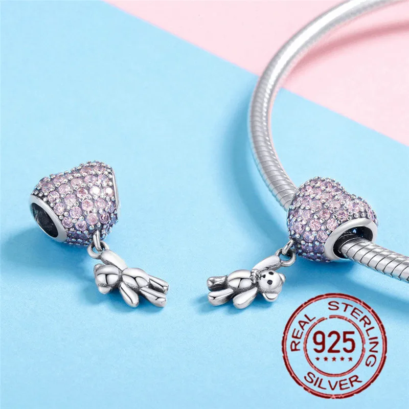 

New 925 Sterling Silver Pave Bear Hear Dangle Charm fit Original Pandora Bracelet Silver Pendant 925 Jewelry Making Gift