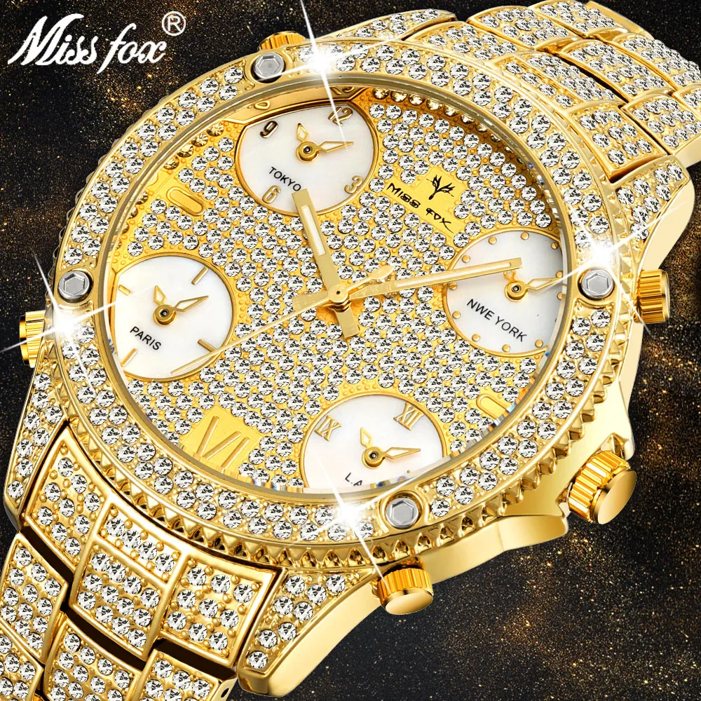 

51MM Oversized Big Dial Luxury Watch Men Diamond Accented Case With 5 Quartz Movt Analog Male Gold Business Wrist Watch