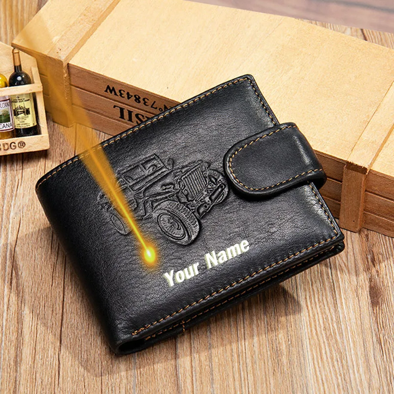 

Free Engraving Car Decor Men Genuine Leather Wallet Father's Day Gift for Him Men Husband Small Slim Hasp Wallets Purse 2021