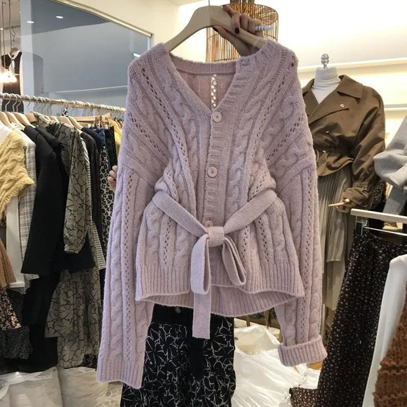 

Women Sweater Autumn Spring Loose Sweater Knitted Cardigan V-Neck Long Sleeve Casual Knitted Jacket Sweater Purple jumper 2020