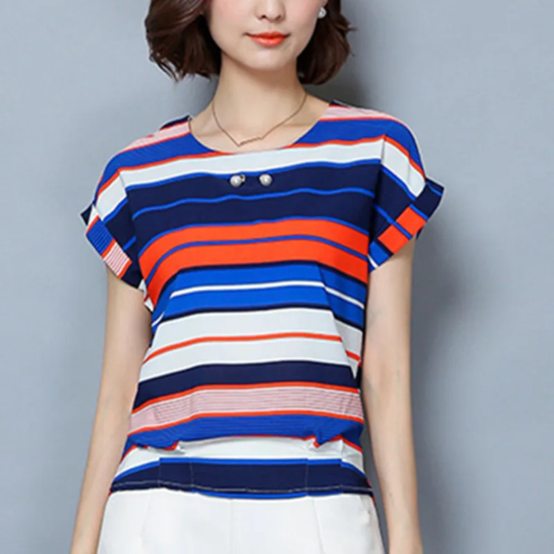 Блузка женская хлопковая с коротким рукавом Повседневная рубашка синий/красный