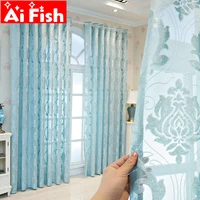 european blue velvet geometry tulle for bedroom jacquard window screen curtains for living room sheer gauze drapes 50