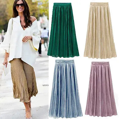 

Hot Sale Women Casual Silky Mid-length Pleated Skirt Fashion Girls High Waist Long Flared Ladies Skirts