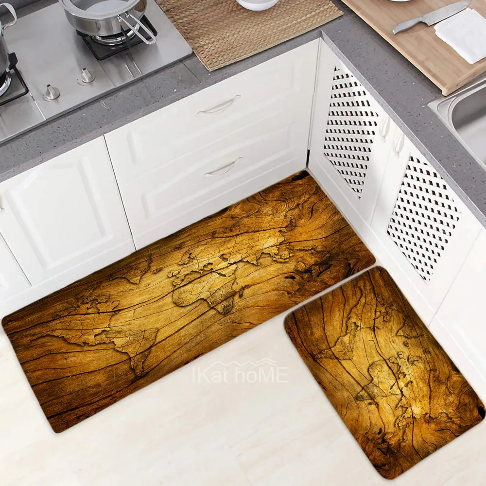 

World Map Kitchen Mat Long Bath Carpet Bedroom Wood Pattern Decor Bedroom Bedside Rug Doormat Washable Non-Slip Tapete Cozinha