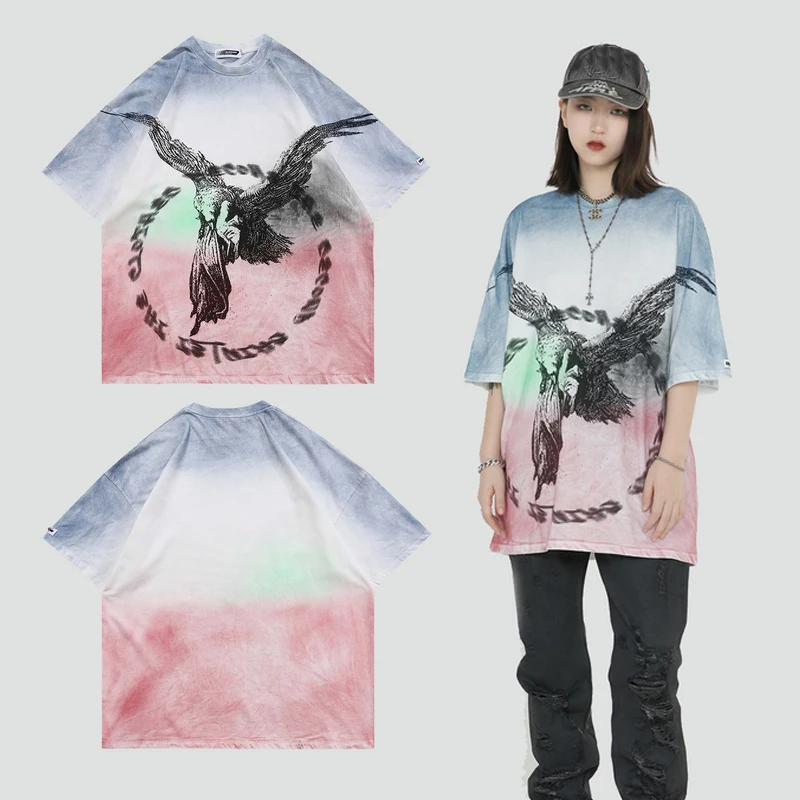 

Mens Oversize Gradient Tie Dye Print T-Shirt Unisex Hiphop Short Sleeve tshirts Summer O-Neck T shirts 100%Cotton Couple Top Tee