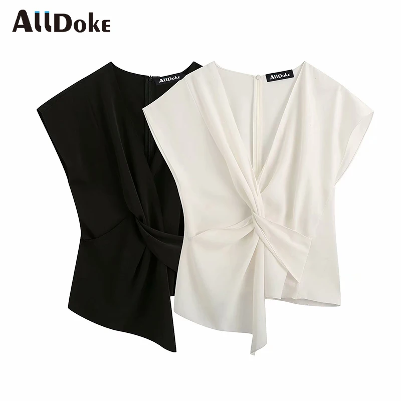 

ALLDOKE black casual v neck blouse women summer batwing sleeve corss tops shirt femme ladies white blouses blusas mujer
