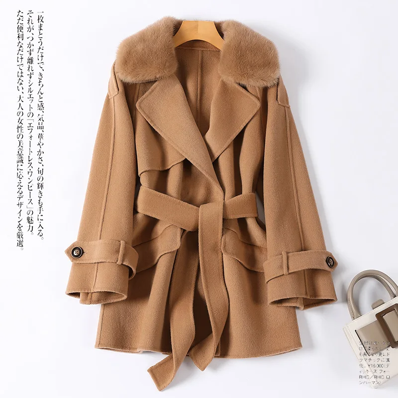 

Women Korean Design Medium Blend Coat Genuine Mink Fur Collar Wool Jacket With Blet
