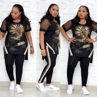 plus size 4xl 3xl new african clothes for women two piece sets long tops skinny pants matching set mesh patchwork tracksuit set