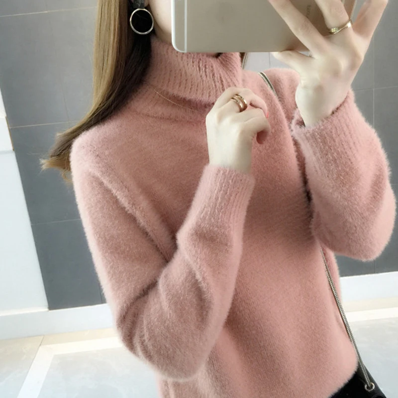 White Turtleneck Women Sweater Jumper Knitted Winter Blue Pink High Collar Warm Plush Pullover Casual Velvet Loose Plus Size | Женская
