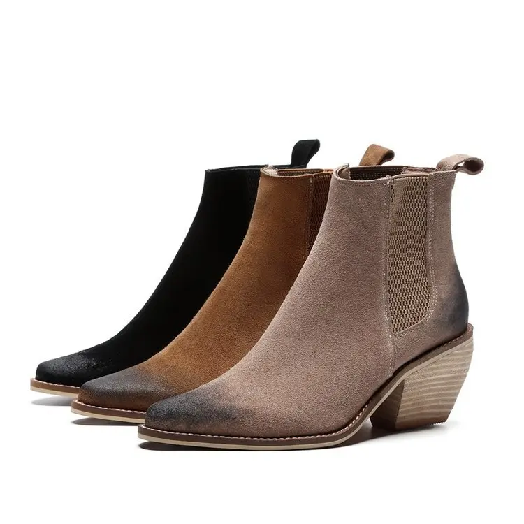 

Popular European and American pointed high heel thick heel bare boots suede Nubuck short boots three colors