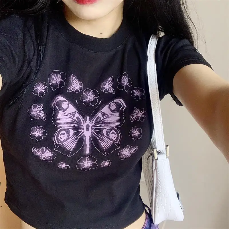 

Cowgirl Butterfly Print Crop Tees Korean Style Short Sleeve Crop Cute Women's T-shirt Y2k Tops Summer Harajuku Kawaii Streetwear