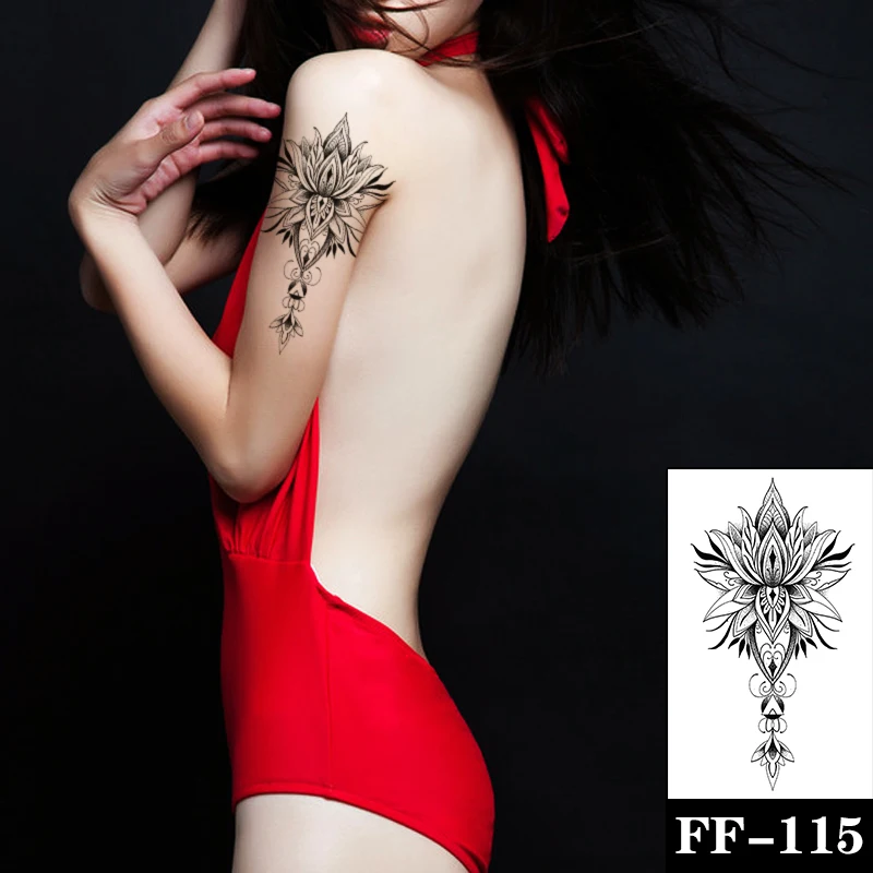 

Waterproof Temporary Tattoo Sticker Black Plain Flower Flash Tattoos Sketch Body Art Arm Leg Water Transfer Fake Tatoo Women Men
