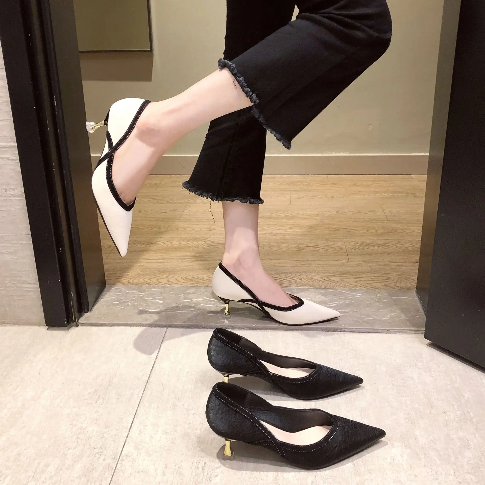 

Pointed Toe Female High Heels Shallow Mouth Girly Style Korean Fashion Single Shoes Rubber Sole 5.5cm Heel