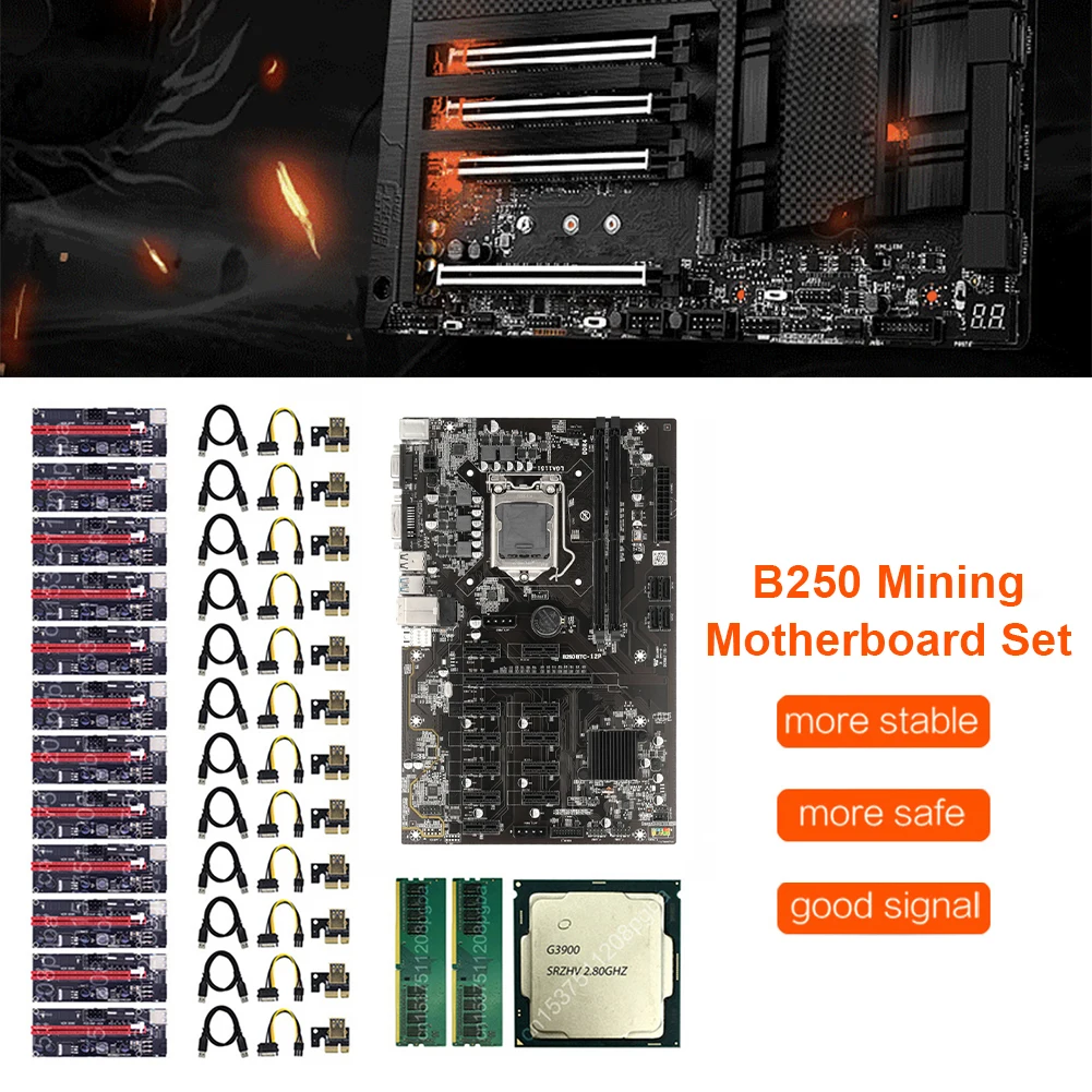 B250 BTC 12P Mining MotherboardKit G3900 CPU 2XDDR4 4G Memory12 PCI-E16X 12X009S Adapter for Bitcoin Miner New 2021 | Компьютеры и