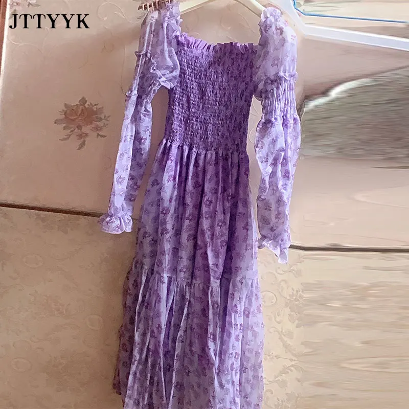 

Korean Summer Fairy Dresses Women 2021 Elegant Floral Mesh Dress light Casual Square Collar Long sleeve Beach Dress Purple Top
