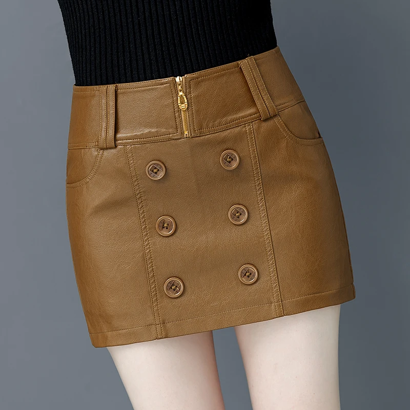 

2020 High waist new thick Korean version was thin package hip fake two leather skirt Slim leather shorts boots shorts