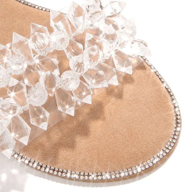 

Ladies Summer Slippers Ladies Crystal Fashion String Bead Decorated Flat Round Toe Women Sandals Female Shoes Plus Size 2021