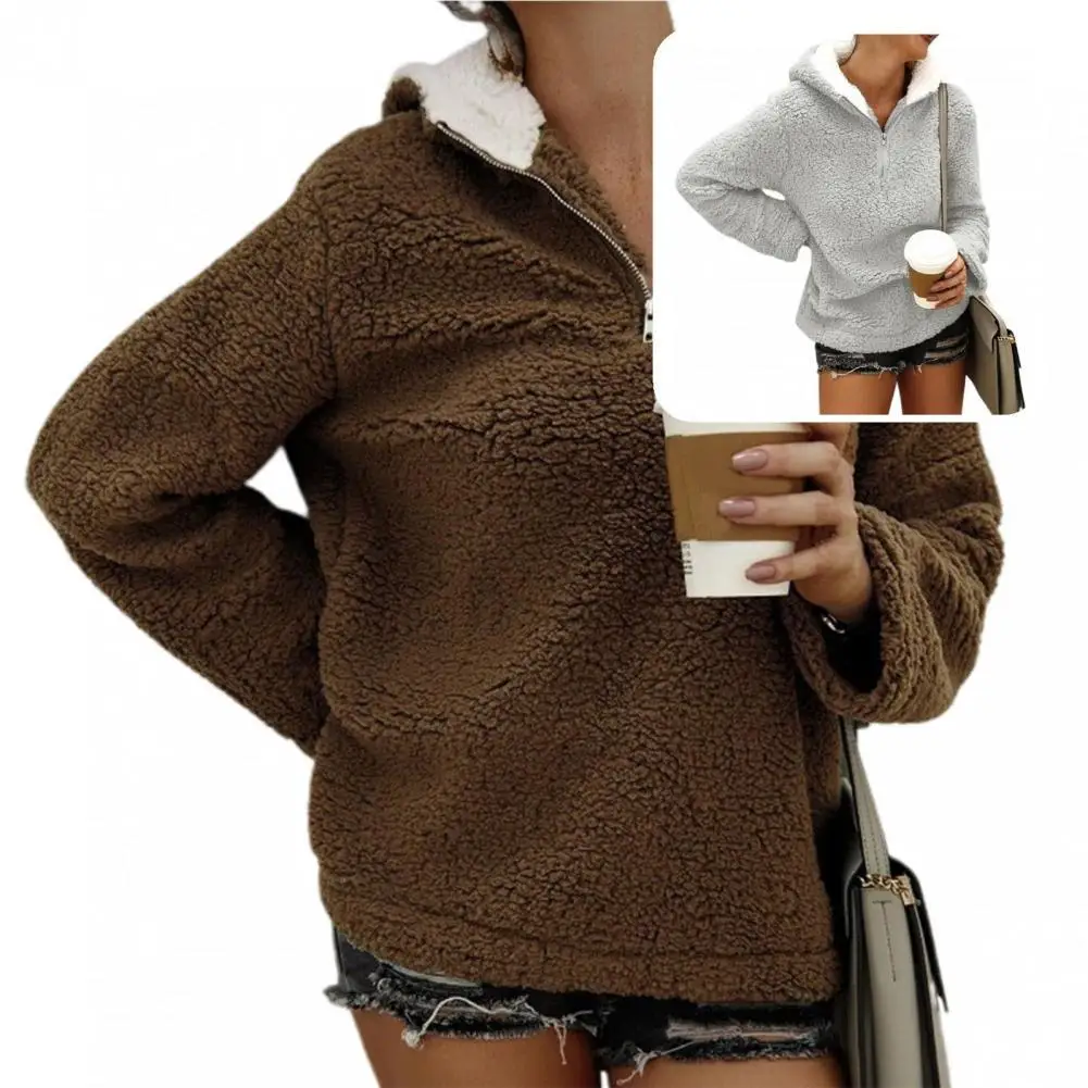 

Fluffy Hoodie Shrinkable Hem Stylish Cold Resistant Pure Color Women Pullover Sweatshirt