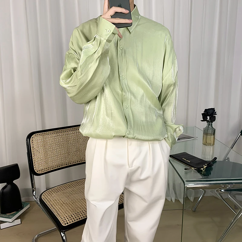 

Smooth Gradient Gold Silk Bright Mens Shirts Party Dress Club Outfits Oversize Blouse Mens Fashion Clothing For Young Mens Stage