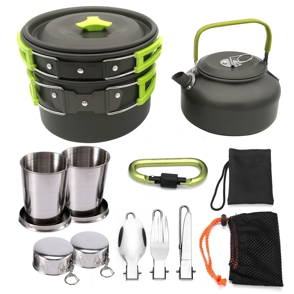 

Camping Cookware Outdoor Cooking Set Kettle Pot Pan Accessories for 2 to 3 People Outdoor Camping Travel Picnic Hiking Green