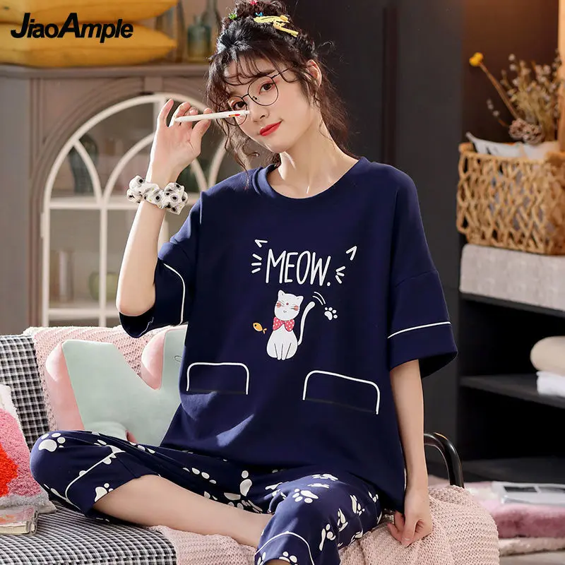 Pajamas Women's Summer 100% Cotton Short-sleeved Cropped Trousers Pijamas Two-piece Korean Loose Homewear Cute Sleepwear Set