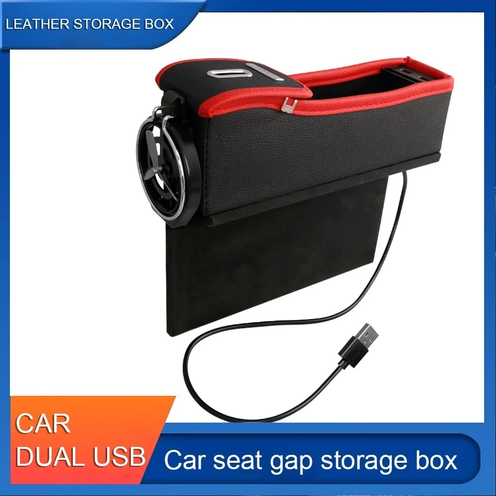 

Seat Gap Slit Box Phone Bottle Cups Holder Box Car Accessories Car Organizer Leather Car Seat Gap Storage Box Dual USB Charger