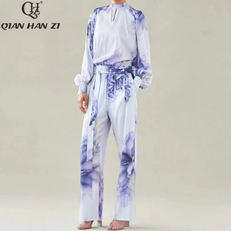 

Qian Han Zi designer fashion runway sets womens long sleeve top/shirt+blue and white porcelain printing long 2-piece pants set