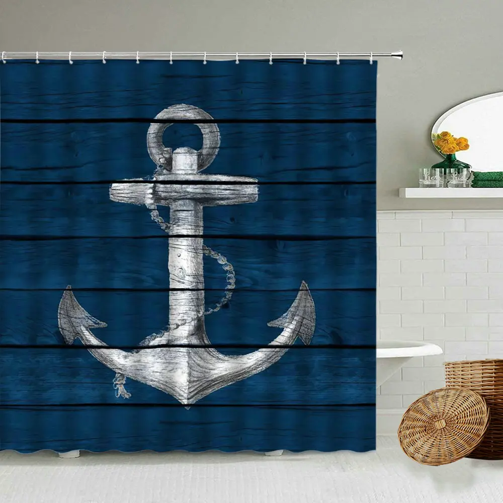 

Cartoon Mediterranean Navigation Anchor Pattern Shower Curtain Blue Ripple Boy Bathroom Wall Decoration Waterproof Screen Set