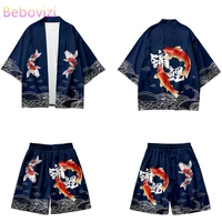 vintage carp blue kimono shorts sets chinese style two piece suit japan cardigan cosplay yukata harajuku haori asian clothing