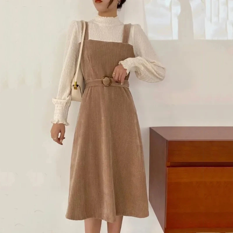 

Винтажное вельветовое платье А-силуэта на бретелях, женское весеннее платье с длинным рукавом, имитация двух частей, женские платья с ремне...