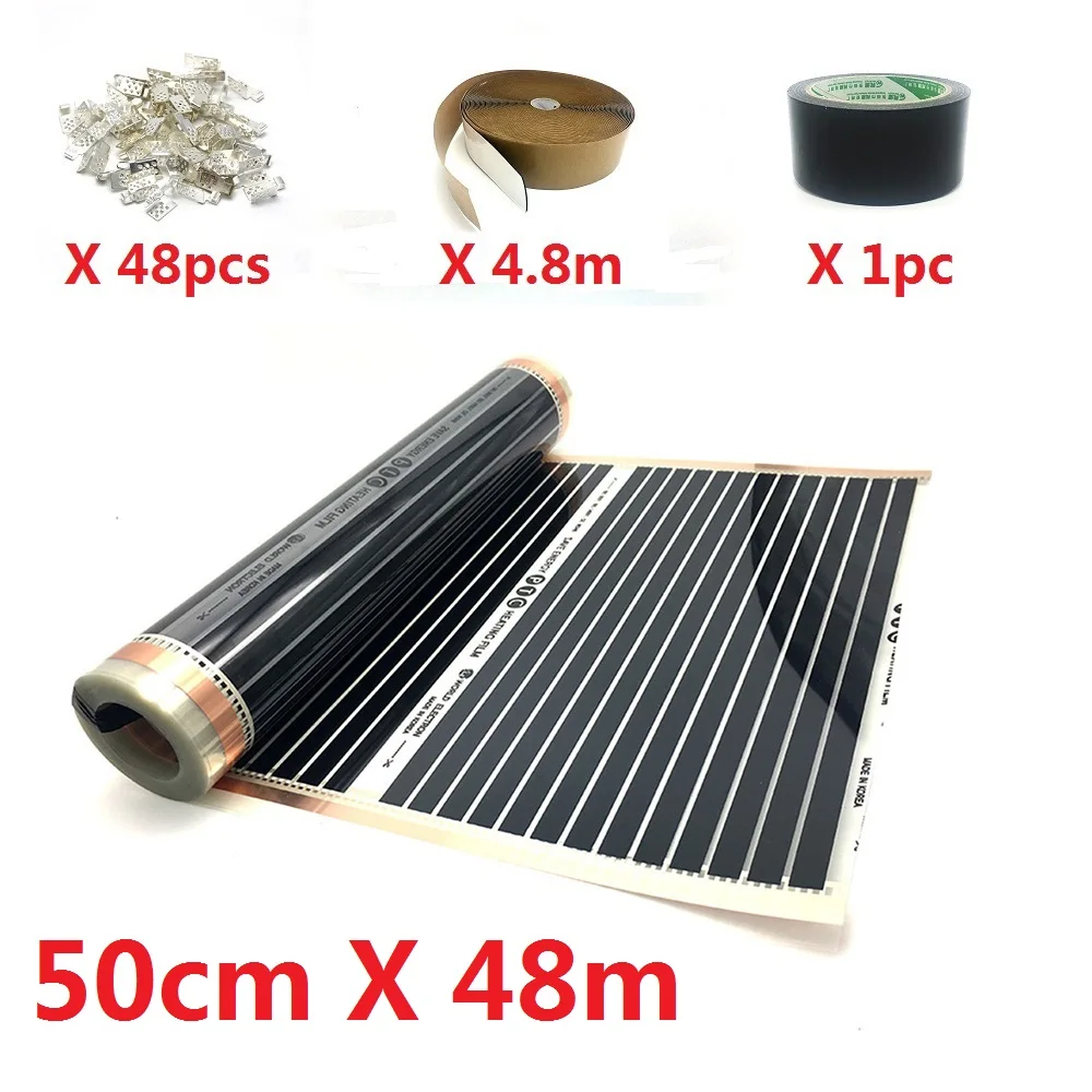 50cm X 48m 21~ 35m2 электрическая PTC нагревательная пленка AC220V 220 w/m2 Infared напольная теплая подстилка с зажимами и пастами - Цвет: 50cm X 48m