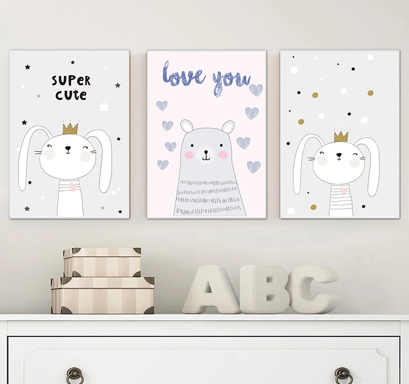 Kawaii настенная Картина на холсте искусственная картина мультяшный медведь Кролик