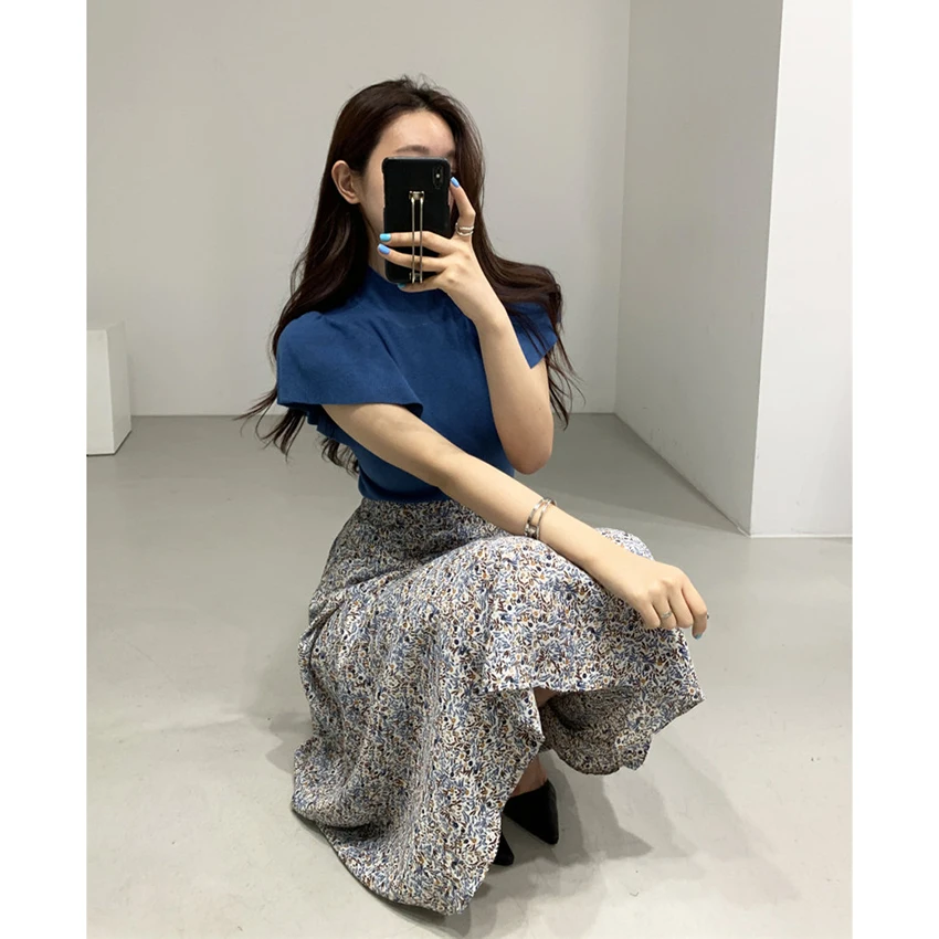 Chic Style 2 Piece Skirt Set Women Puff Sleeve Knitted Tops Floral Print High Waist Skirts Womens Two Korean Fashion | Женская одежда