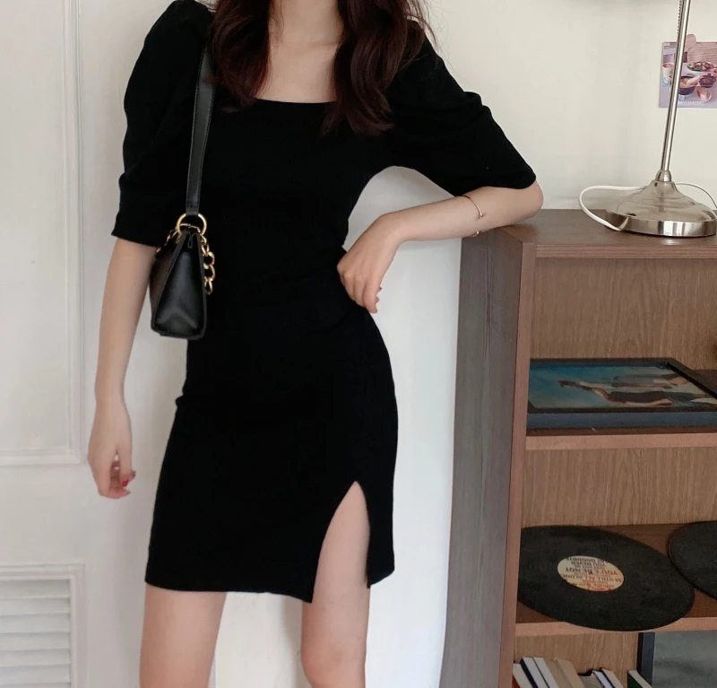 

Retro Graceful Puff Sleeve Solid Color Dress for Women Spring and Summer New Slim Fit Slimming Slit Hemline at Hem Hip Skirt