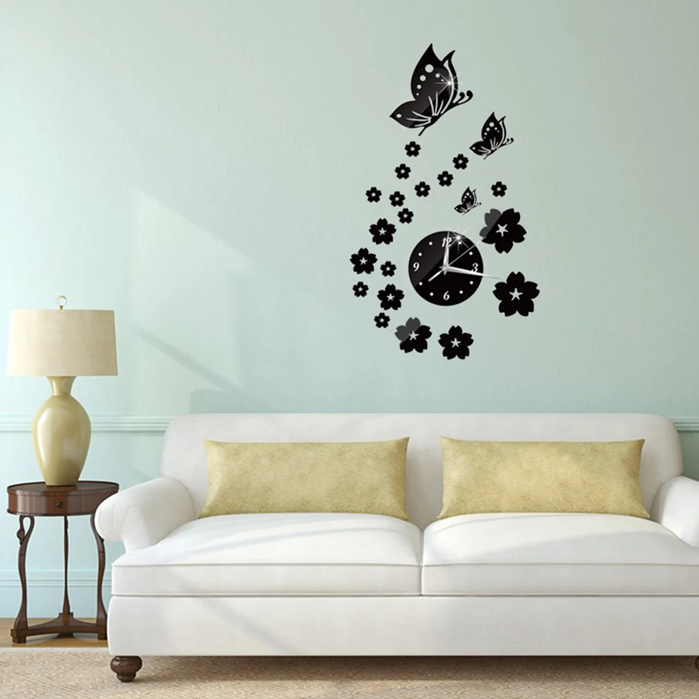 Горячая Распродажа зеркальные настенные наклейки 3D часы с рисунком бабочки