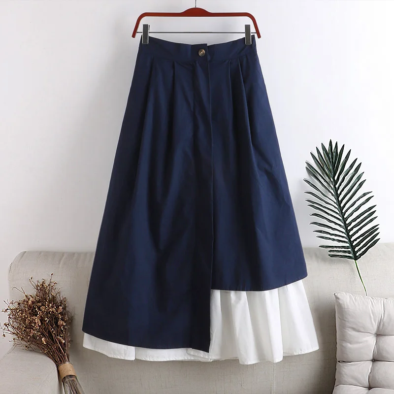 

autumn new high waisted skirt thin large hem asymmetric stitching mid-length skirt summer women cover belly shirt