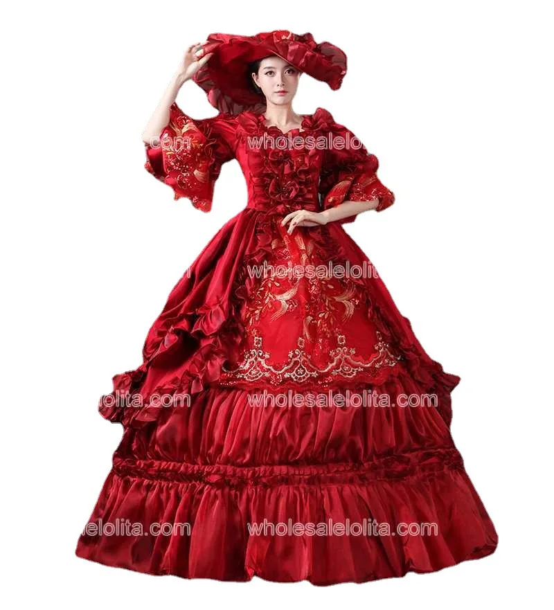 Красное Бальное Платье Rococo в стиле барокко платье Marie Antoinette Эпохи Ренессанса 18 го