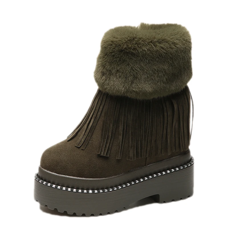 Winter Women Ankle Boots 2020 New Female Tassel Cotton Shoes Wedge Heels High Platform Sneakers Warm Rabbit Fur Snow Short | Обувь